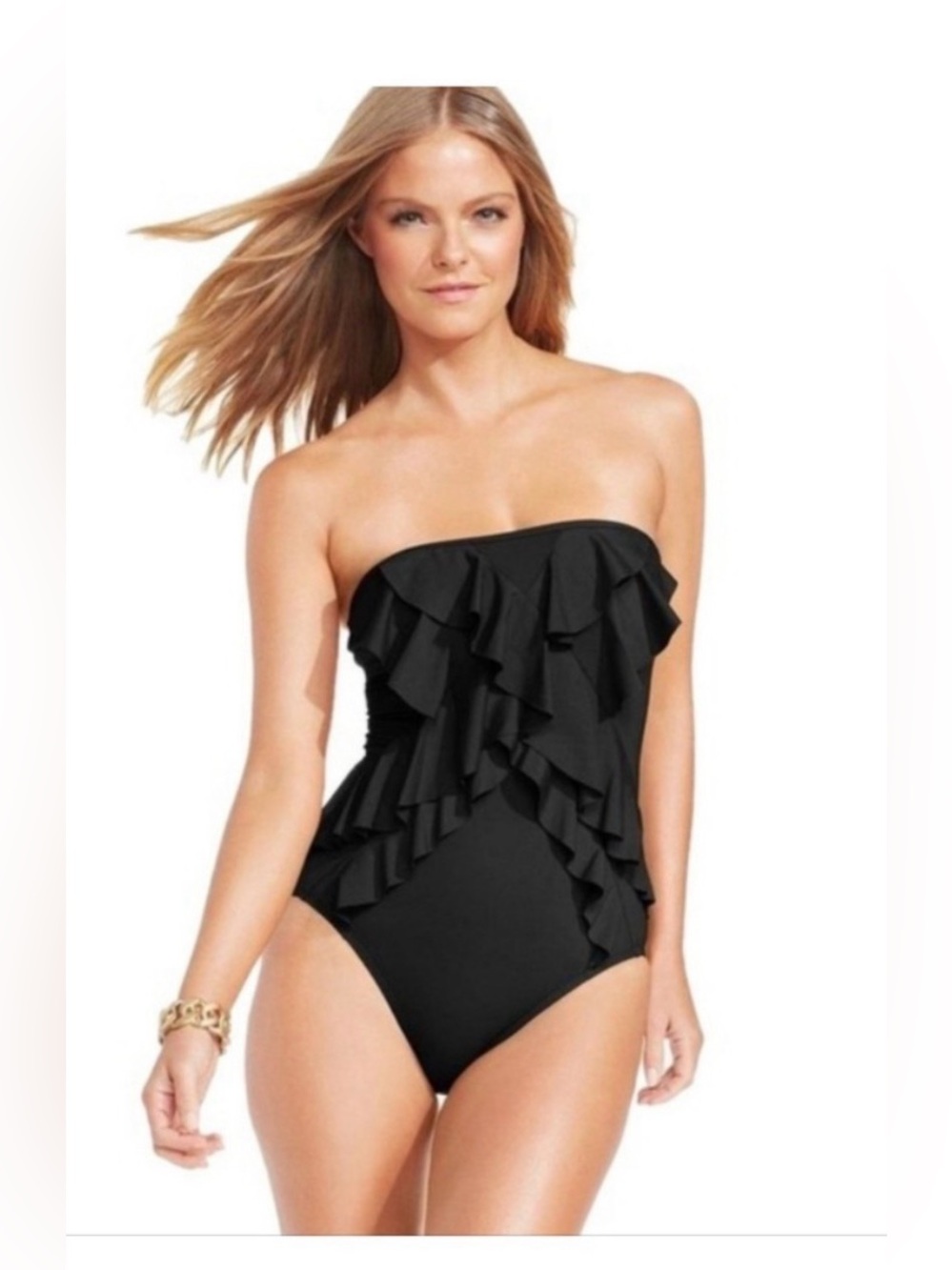 Michael Kors Black Ruffled One-Piece Swimsuit Sz 12 EUC